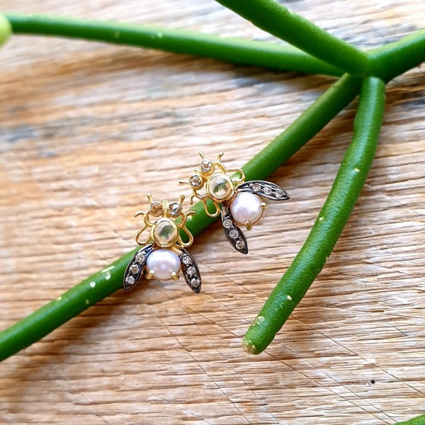 5 Octobre sidabro auskarai su deimantais, perlais ir mėnulio akmeniu